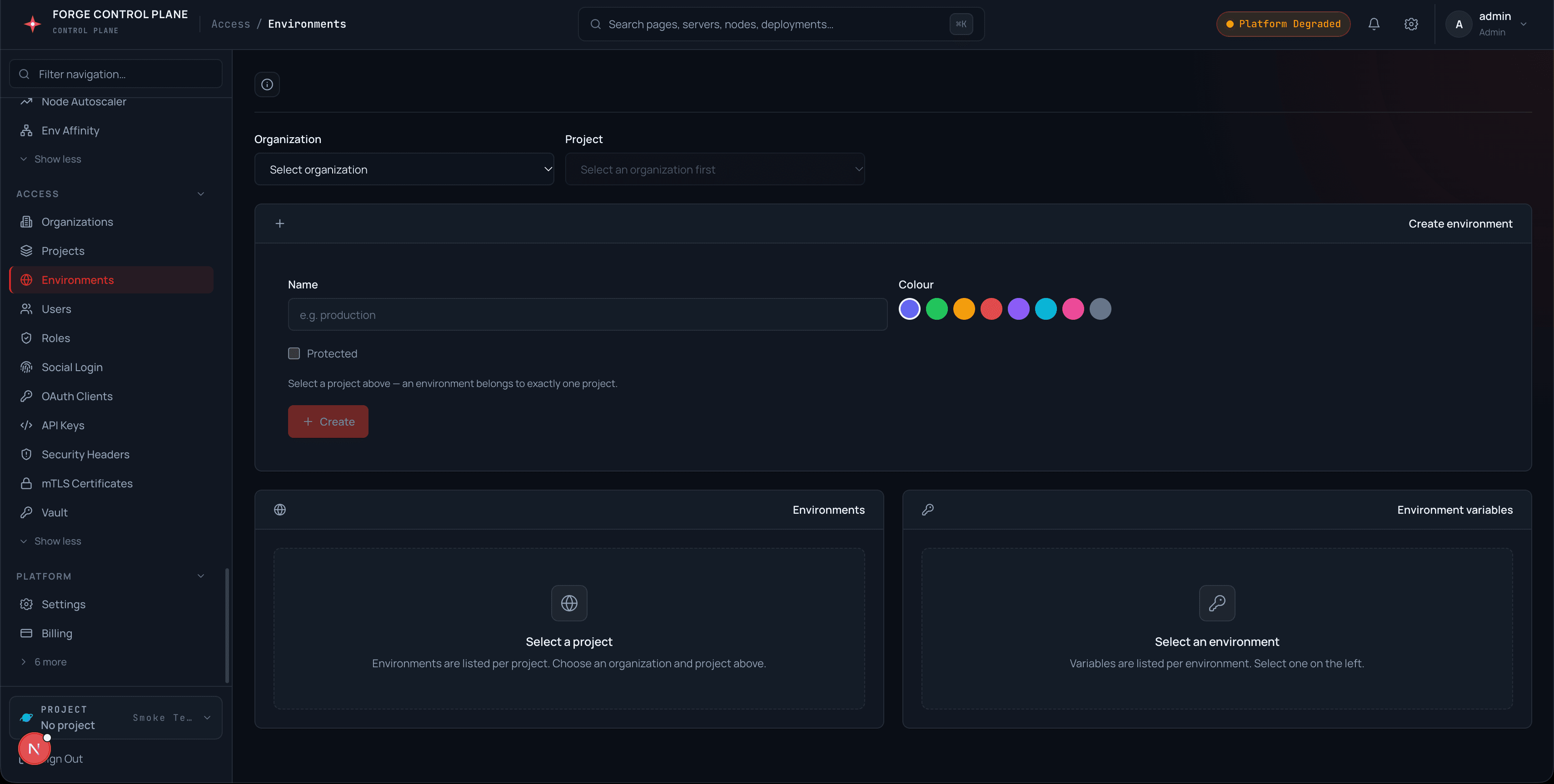 Environment creation with organization and project scoping