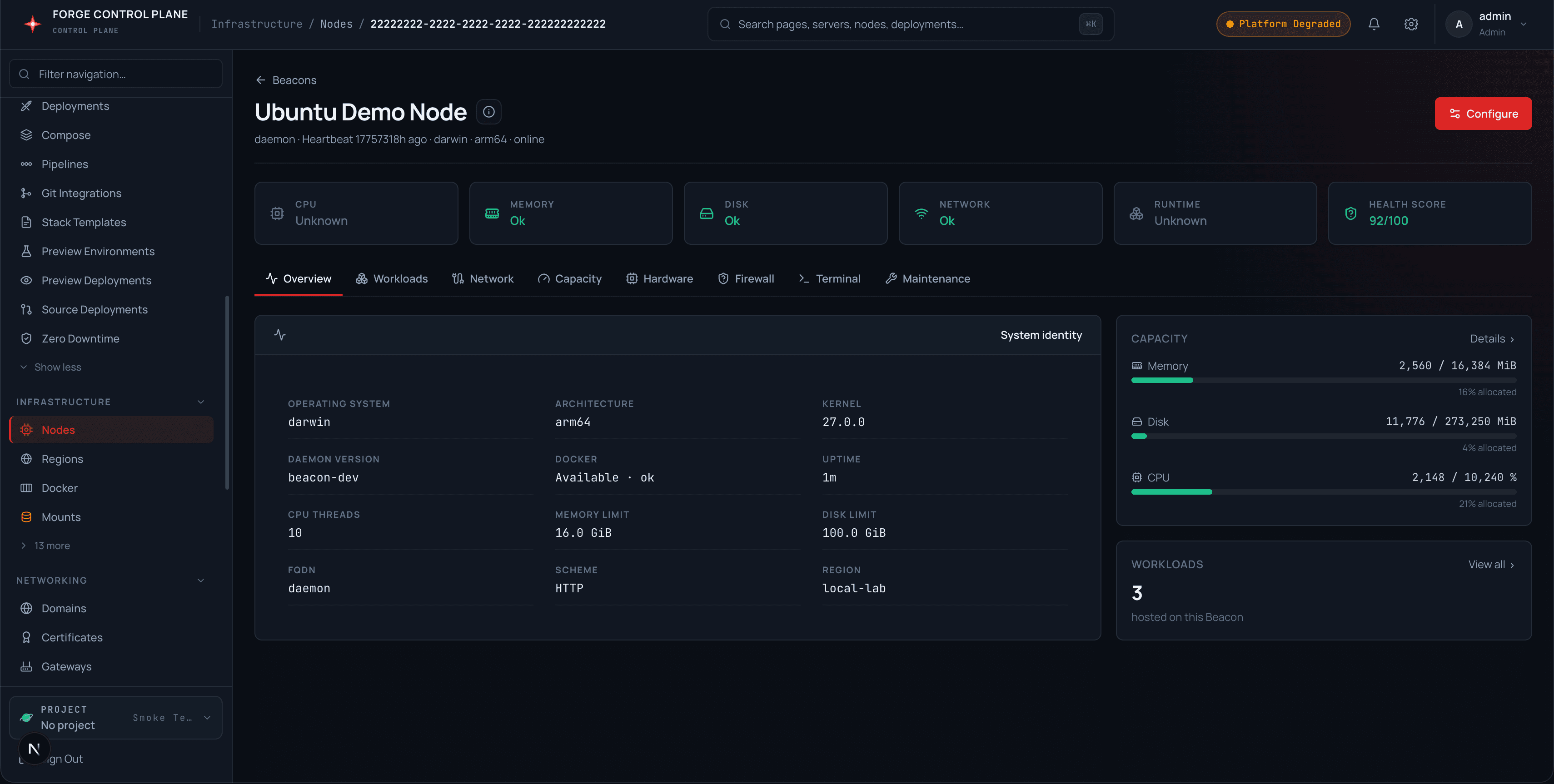 Node detail with capacity and system identity