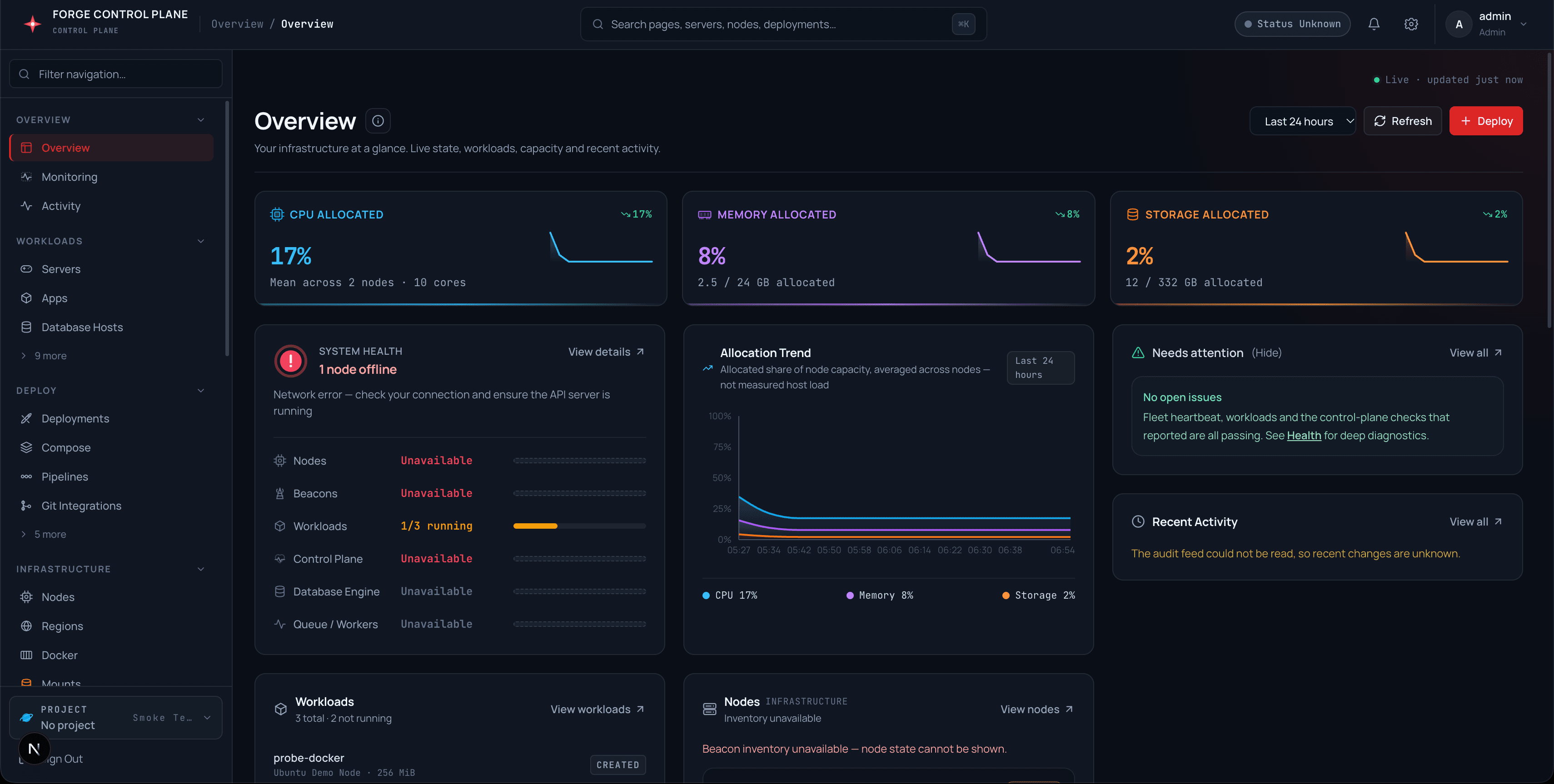 Forge overview dashboard showing live fleet state, allocations, and health