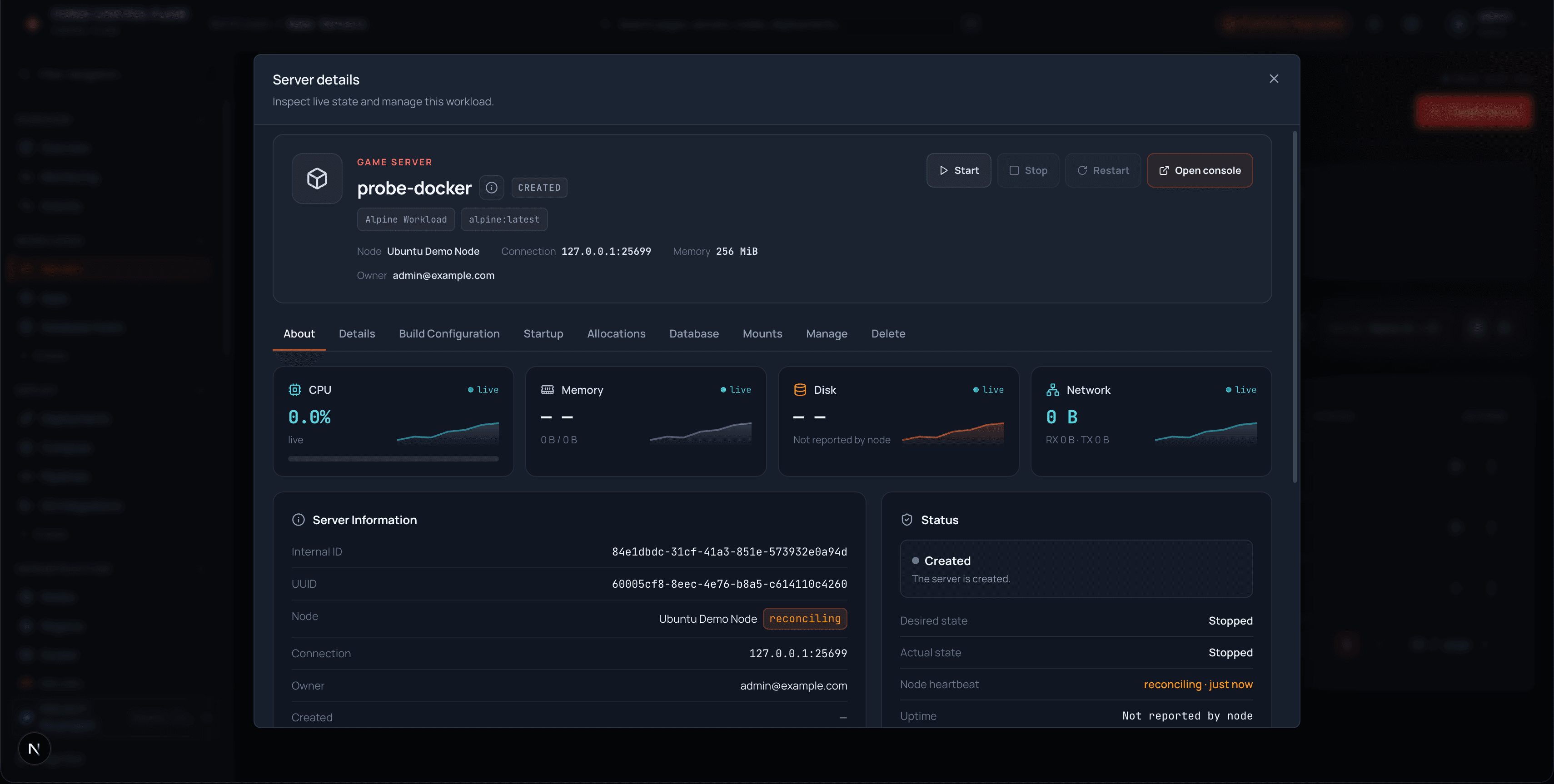 Server details dialog with live telemetry
