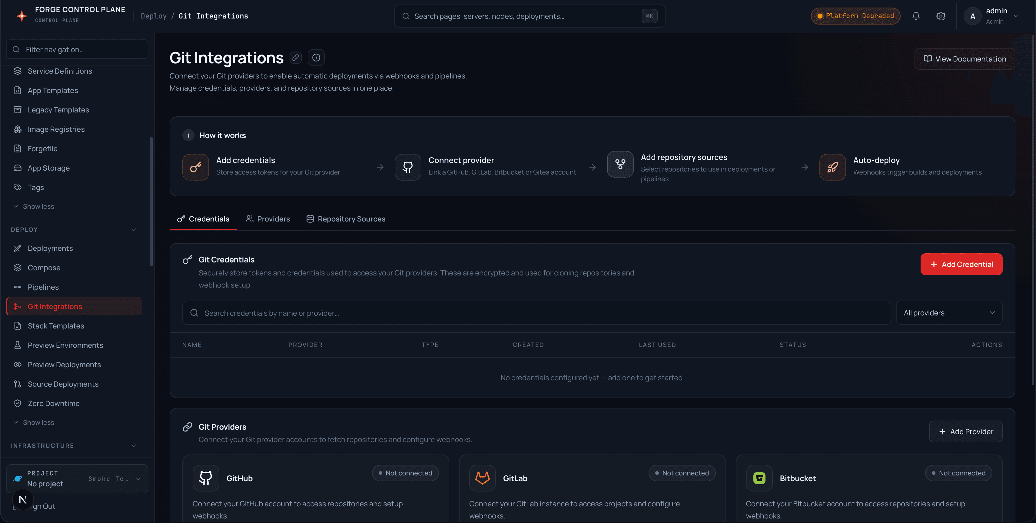 Git Integrations page with credentials table and provider cards
