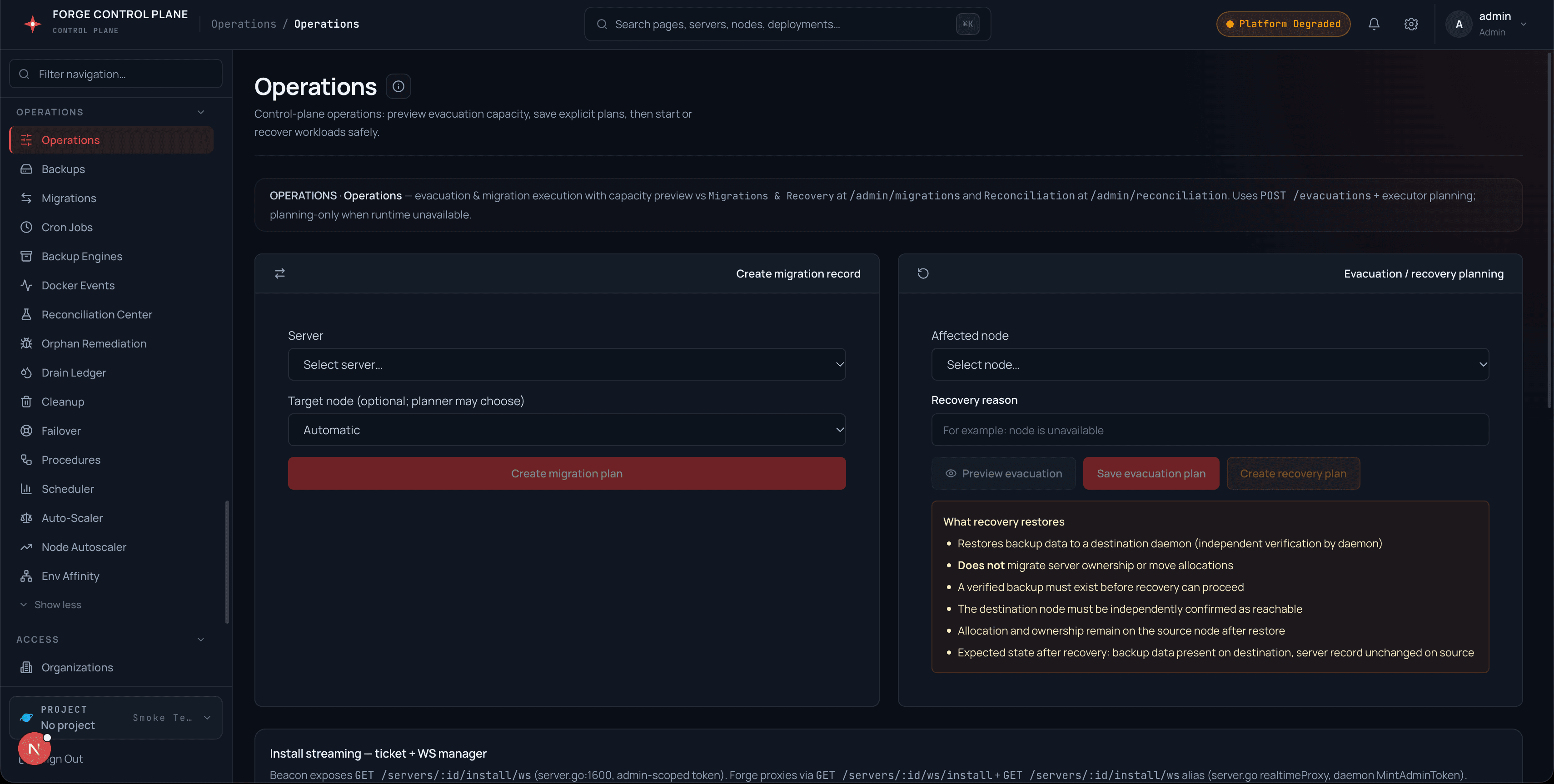 Operations page with migration and evacuation planning
