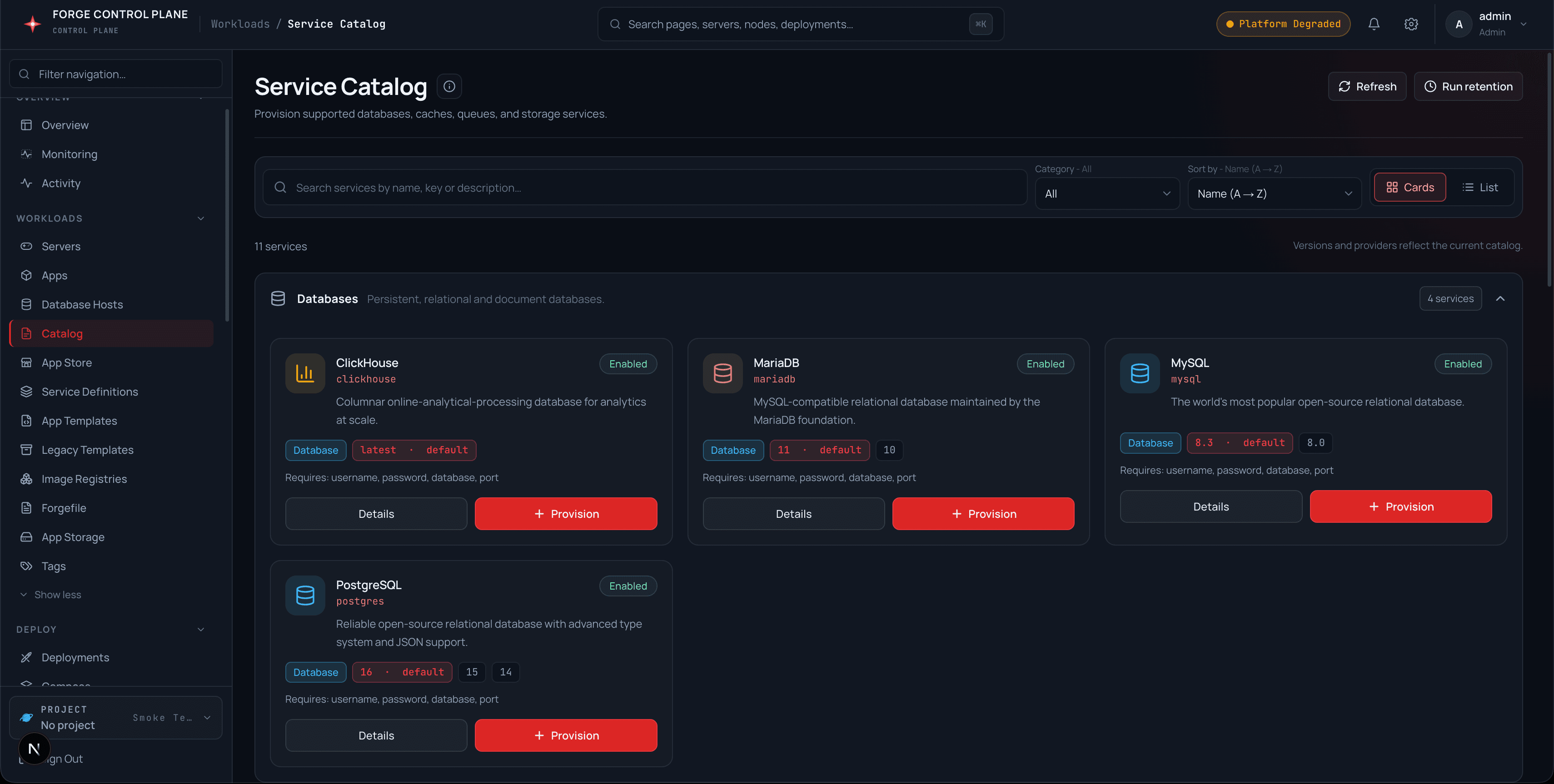 Service Catalog page with database, cache, and document database cards